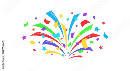 Vibrant colorful confetti explosion with stars and ribbons on white background for celebration and party decoration