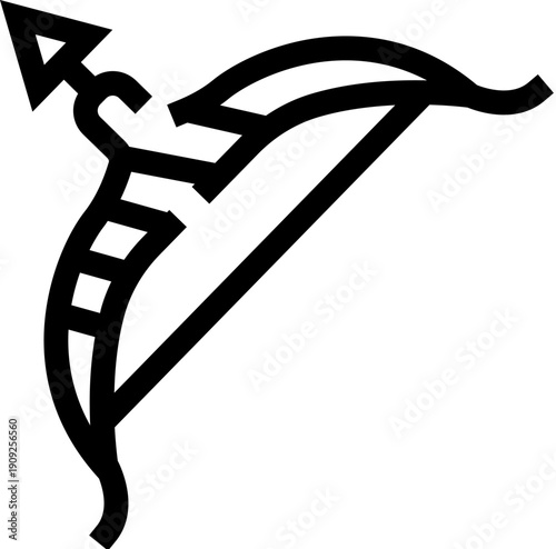 Archery bow and arrow line icon symbolizing sport, precision, aiming at a target for competition, training and achieving goals simple black linear vector illustration