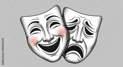 Theatrical comedy and tragedy masks side by side on gray background symbolizing drama and emotions in acting and performance