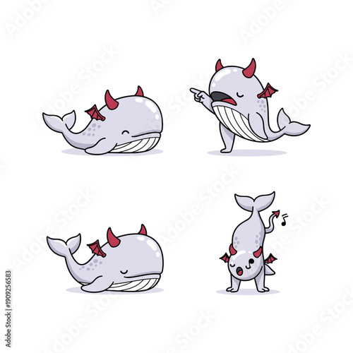 Cartoon whales with horns dancing and having fun in a minimalist style