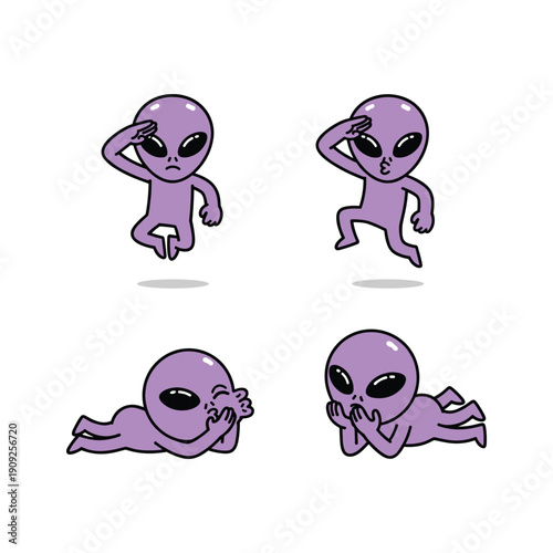 Purple cartoon aliens showing different emotions on white background