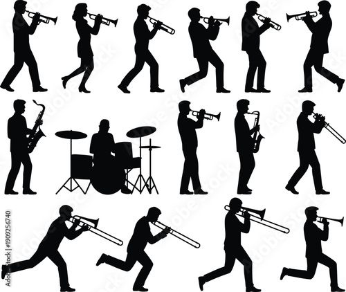 Silhouette illustration of marching band and jazz ensemble with trumpets, saxophones, trombones, and drummer in dynamic poses for music, entertainment, and artistic design