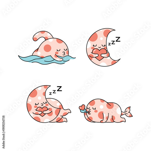 Cute cartoon whales sleeping on crescent moons with zzz bubbles