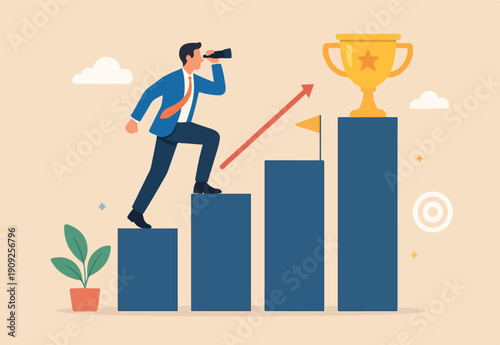 Business winner, achievement or prize, success or victory, challenge or business mission, career goal or stair to success concept, up growing bar graph to win the trophy.