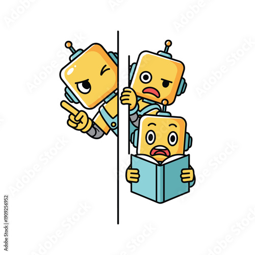 Cartoon robots peeking behind a curtain with shocked and pointing expressions