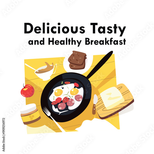 Delicious Tasty And Healthy Breakfast illustration on white background