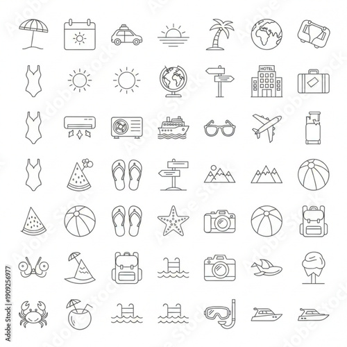 Summer Travel Line Icons Set – Beach Vacation & Tourism Outline Collection