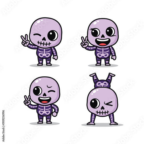 Cartoon skeleton characters showing different emotions and gestures in a playful style