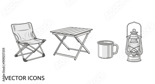 Camping Gear Icons: Folding Chair, Table, Mug, and Lantern Vector Illustrations