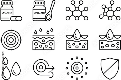 Skincare and collagen supplement line icons set featuring molecular science, skin layers, hydration absorption, regeneration process, cosmetic dermatology, and skin protection concepts