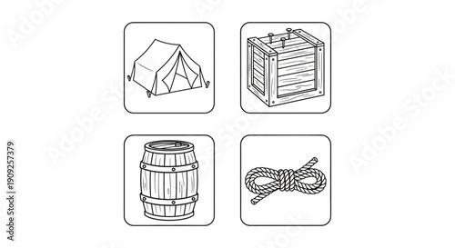 Camping Gear Icons: Tent, Crate, Barrel, Rope - Outdoor Adventure Icons