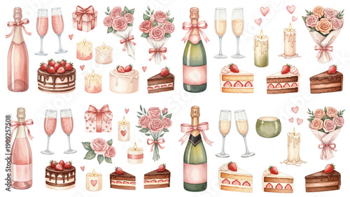 A charming watercolor collection of romantic celebration elements, including champagne bottles, sparkling glasses, roses, candles, cakes, and gift boxes.