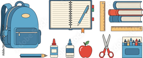 School Supplies Collection with Backpack and Books.