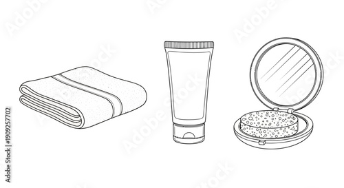 Beauty essentials: folded towel, cosmetic tube, and compact powder with mirror
