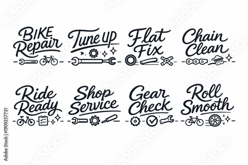 Bike repair and maintenance icons for shop services and gear check