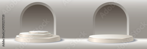 Product display podiums with empty room arch background