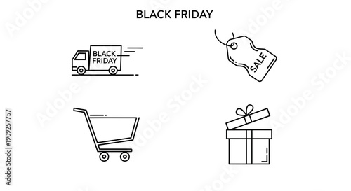 Black Friday Icons: Delivery Truck, Sale Tag, Shopping Cart, Gift Box - Vector Set
