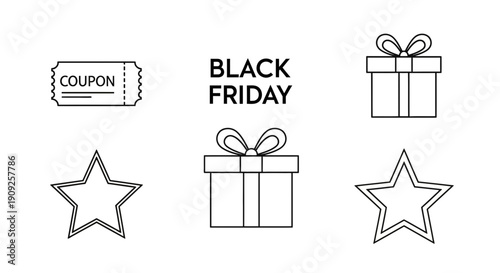 Black Friday Sale Icons: Gift Boxes, Stars, Coupon. Black and White Outline Graphics