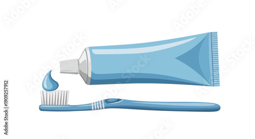 Blue Toothbrush with Toothpaste Droplet and Squeezed Tube, Dental Hygiene Concept