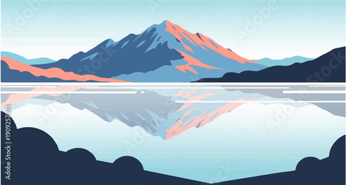 A serene mountain reflected in a still lake under a pale sky