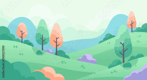 A serene, pastel landscape with rolling hills, abstract trees, and soft clouds