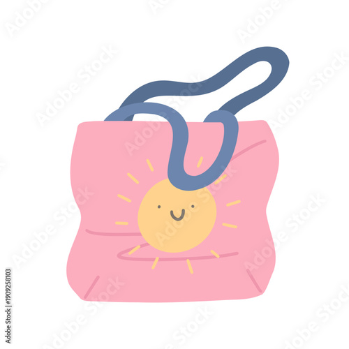 Summer beach bag in cartoon style. Cute pink canvas shopper. Vector illustration isolated on white background