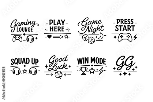 Gaming themed icons: headsets, controllers, dice, and power symbols