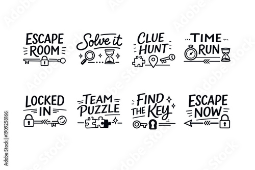 Escape room challenge icons: puzzles, clues, and timed adventures