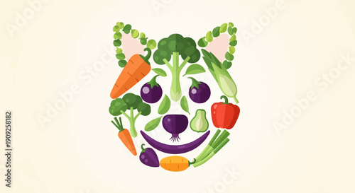 A playful, stylized face crafted entirely from colorful, fresh vegetables against a soft backdrop