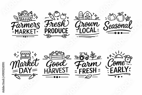 Farmers market labels featuring fresh produce and seasonal themes