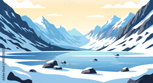 A pixelated winter landscape with snow-capped mountains and a frozen lake