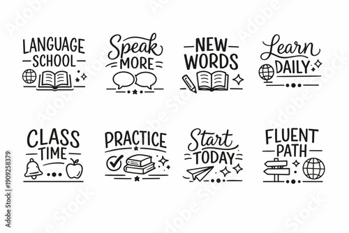 Language learning inspirational phrases with icons and motivational tips