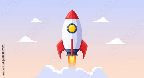 A retro-style rocket ship blasts off into a pastel sky