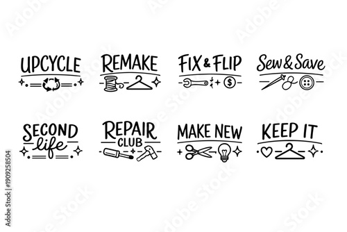 Creative icons for upcycling and repairing clothes with sewing and diy themes