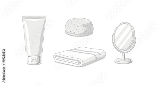 Bathroom Essentials: Skincare Tube, Towel, Sponge, and Mirror - Cleanliness and Self-Care Concept
