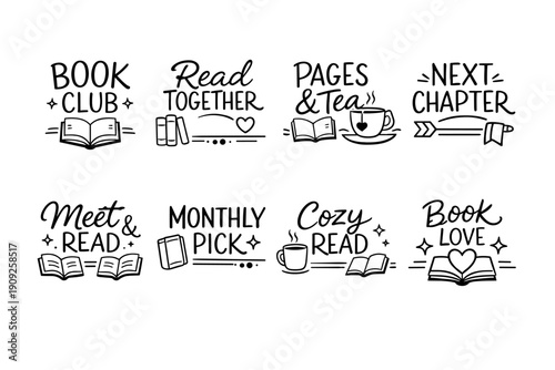Book club designs: cozy reading vectors with books and tea elements