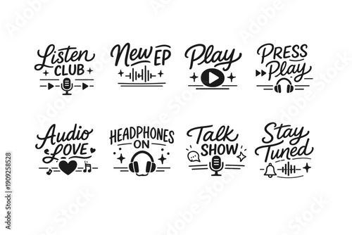 Music icons and typography: listen, new ep, play, press play, audio love, headphones on, talk show, stay tuned