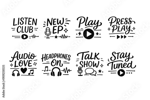 Music-themed doodles: listen, new ep, play, press play, audio love, headphones, talk show, stay tuned