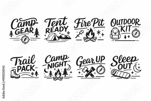 Camping adventure icons: camp gear, tent, fire pit, outdoor kit, trail pack