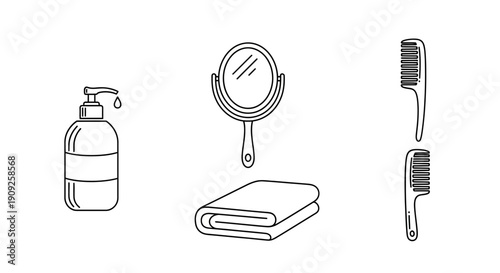 Bathroom Essentials: Soap Dispenser, Mirror, Towel, and Combs - Cleanliness and Grooming Icons