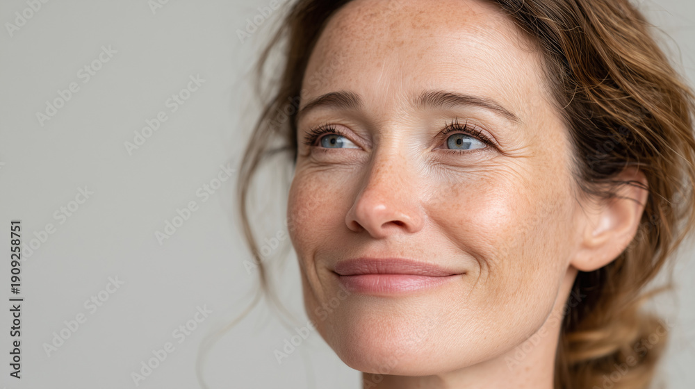 Naklejka premium Serene Contemplation: Capturing the beauty of a woman with a gentle gaze and a subtle smile, reflecting peace and thoughtfulness.