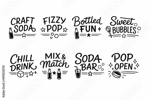 Collection of craft soda and fizzy pop labels with playful typography