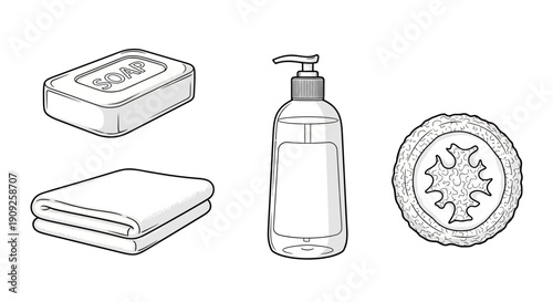 Bathroom Essentials: Soap, Towel, Lotion Dispenser, and Loofah Slice - Cleanliness and Hygiene Concept