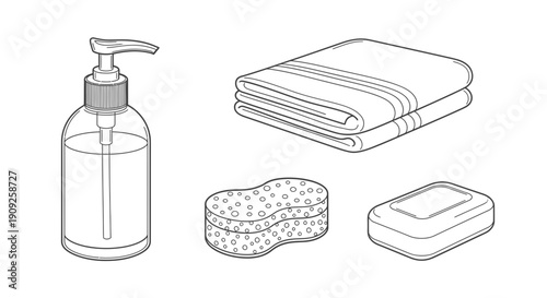 Bathroom Essentials: Soap, Towel, Sponge, and Liquid Soap Dispenser - Line Art
