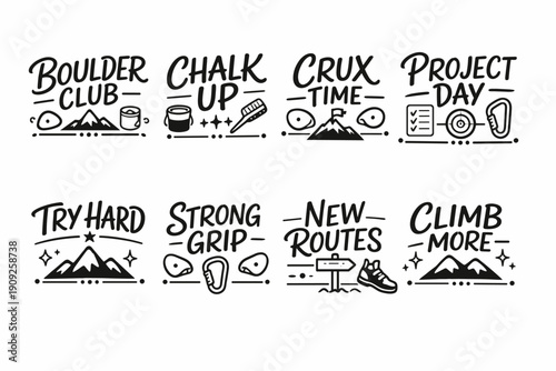 Rock climbing motivational badges with catchy phrases and climbing icons