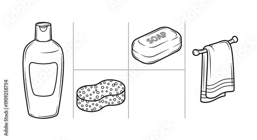 Bathroom Essentials: Soap, Sponge, Towel, and Liquid Soap Bottle - Black and White Line Art