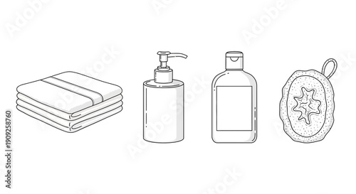 Bathroom Essentials: Stacked Towels, Soap Dispenser, Lotion Bottle, and Loofah