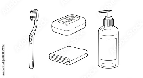 Bathroom Essentials: Toothbrush, Soap, Towel, and Lotion Dispenser - Cleanliness and Hygiene Concept