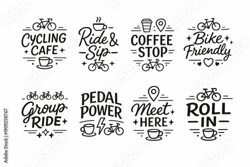 Cycling-themed café icons: coffee, bikes, ride, pedal power, meeting point