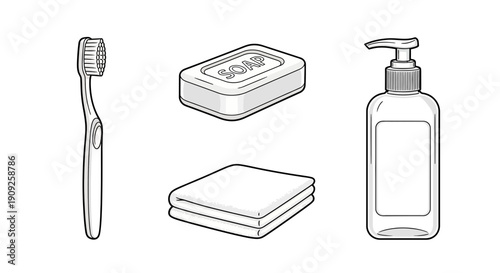 Bathroom Essentials: Toothbrush, Soap, Towel, and Lotion Dispenser - Cleanliness and Hygiene Concept